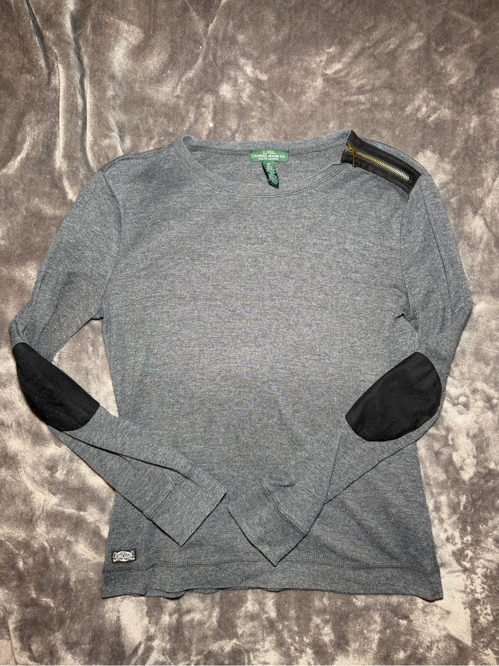 Ralph Lauren Gray Crewneck Sweater with Black Elbow Patches